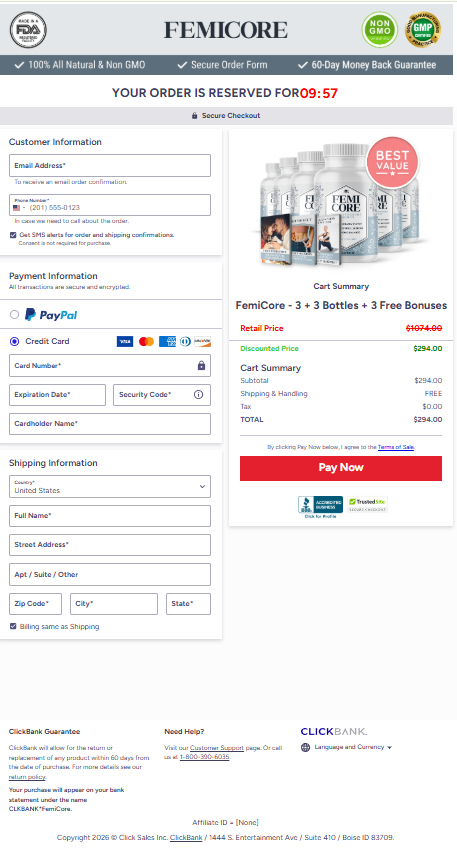 checkout page of femicore
